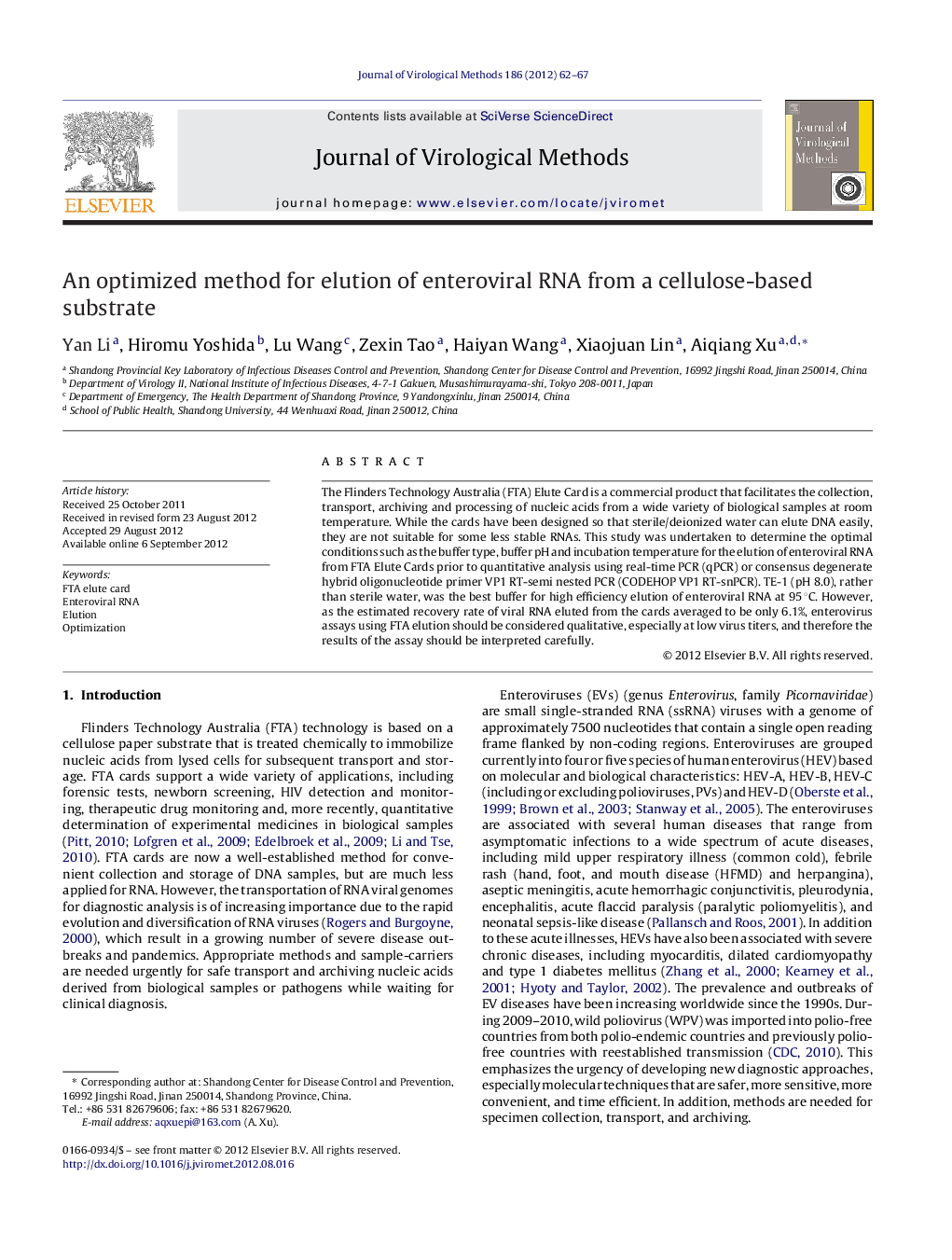 An optimized method for elution of enteroviral RNA from a cellulose-based substrate