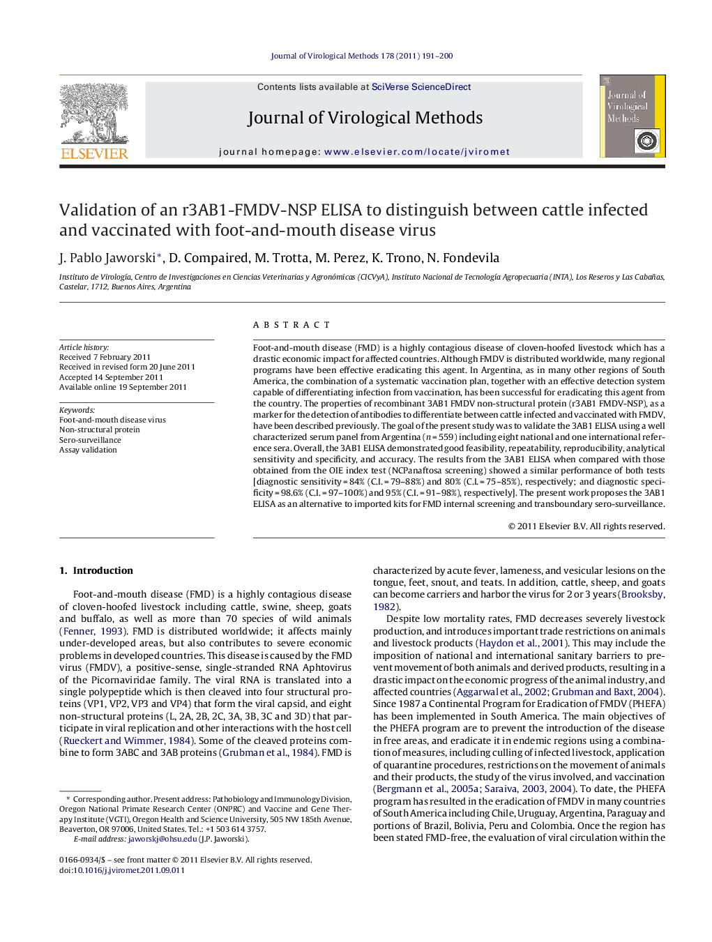 Validation of an r3AB1-FMDV-NSP ELISA to distinguish between cattle infected and vaccinated with foot-and-mouth disease virus