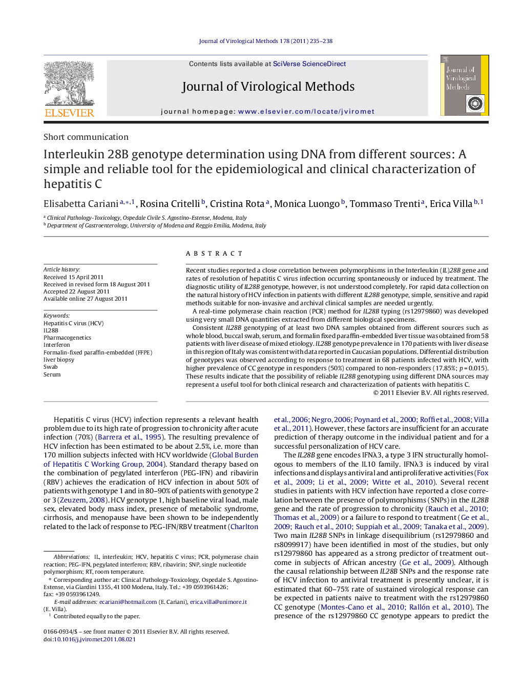 Interleukin 28B genotype determination using DNA from different sources: A simple and reliable tool for the epidemiological and clinical characterization of hepatitis C