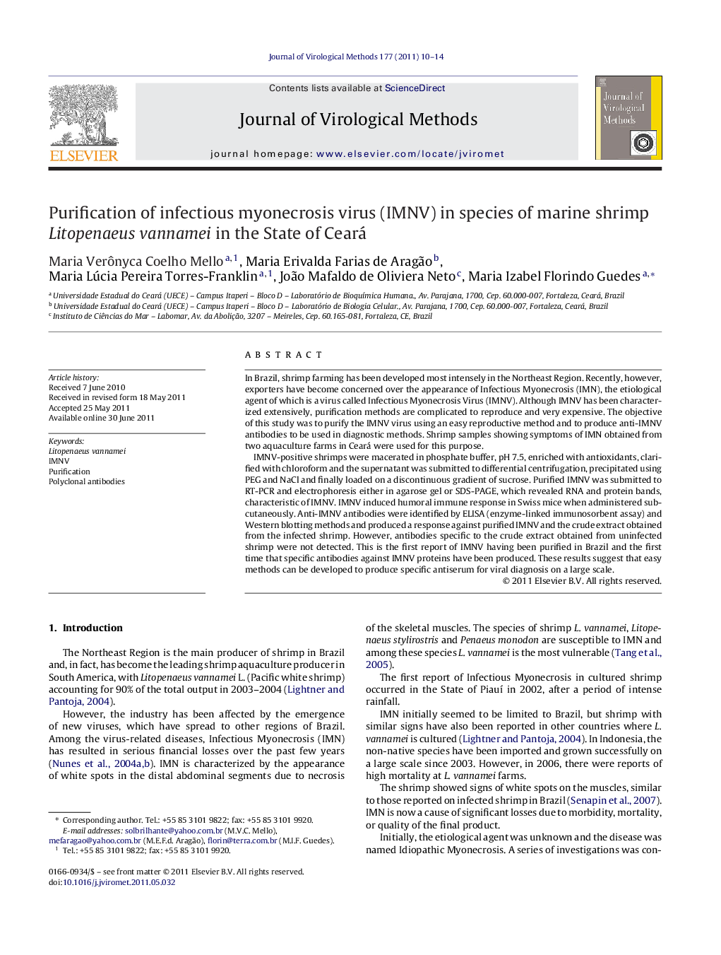 Purification of infectious myonecrosis virus (IMNV) in species of marine shrimp Litopenaeus vannamei in the State of Ceará