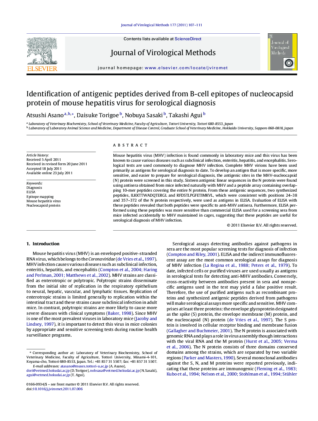 Identification of antigenic peptides derived from B-cell epitopes of nucleocapsid protein of mouse hepatitis virus for serological diagnosis