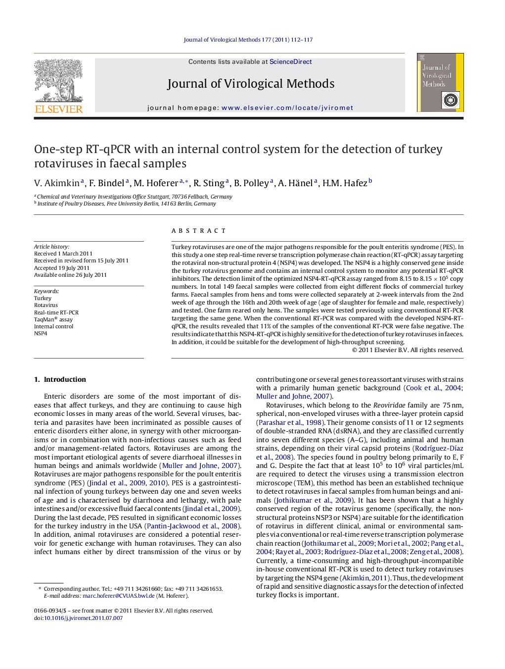 One-step RT-qPCR with an internal control system for the detection of turkey rotaviruses in faecal samples