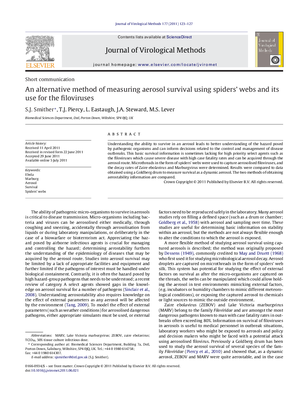 An alternative method of measuring aerosol survival using spiders' webs and its use for the filoviruses