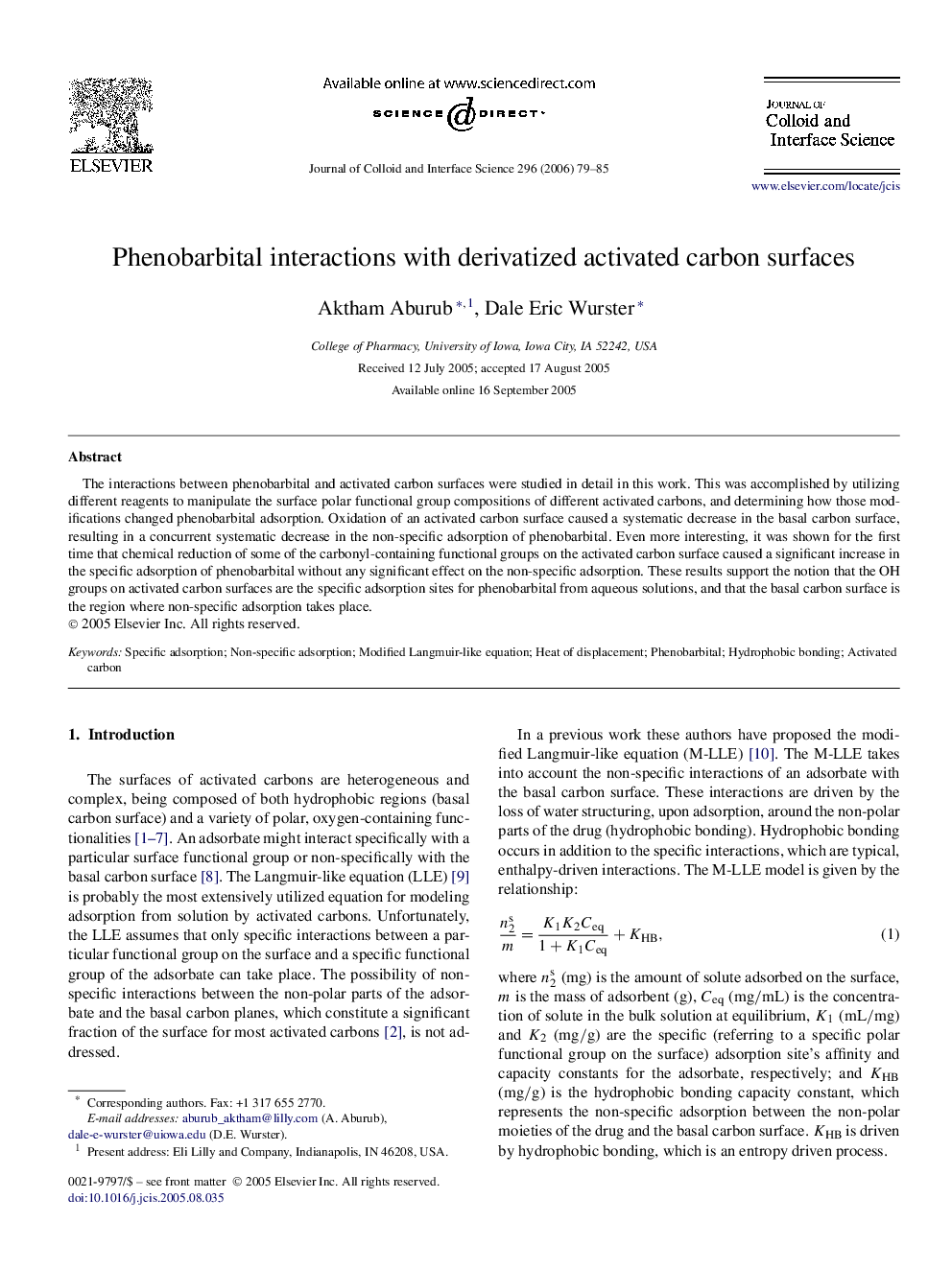 Phenobarbital interactions with derivatized activated carbon surfaces