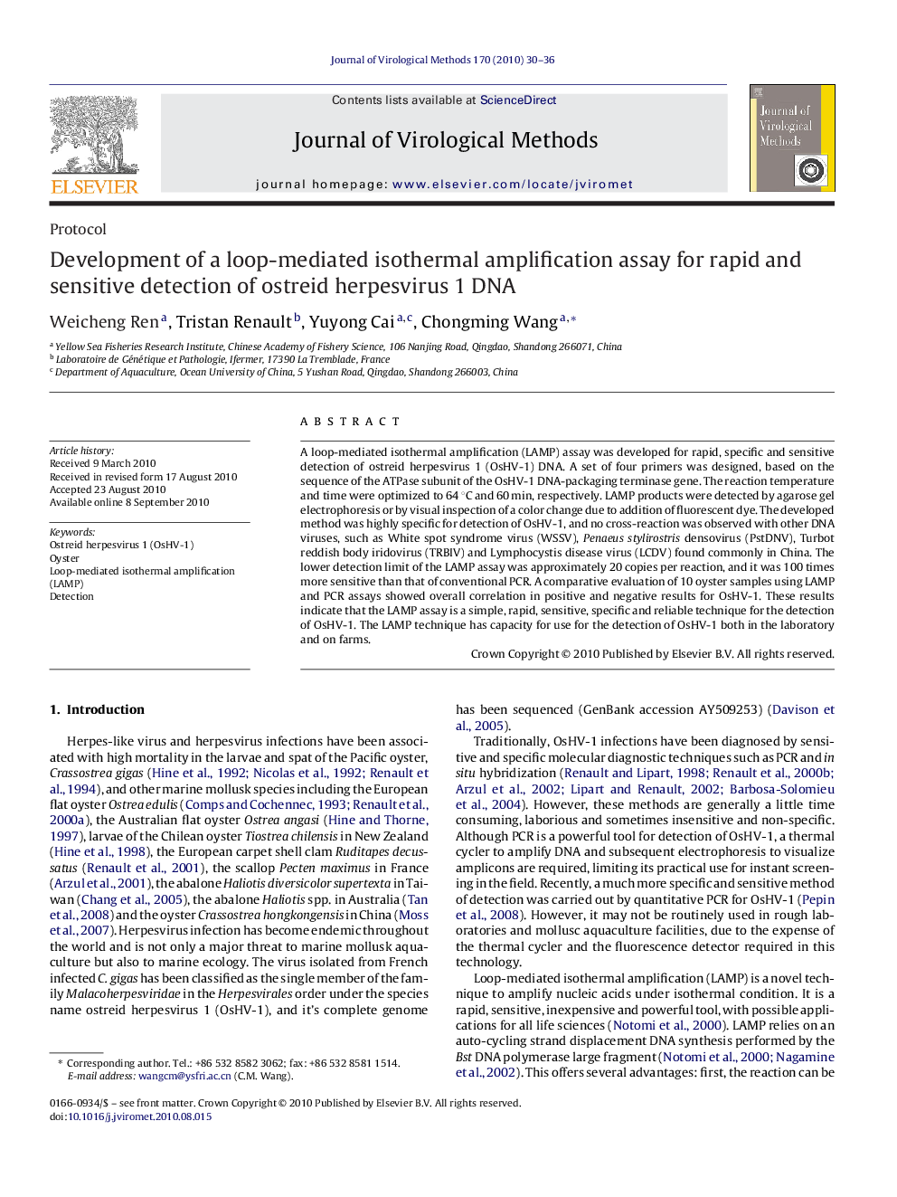 Development of a loop-mediated isothermal amplification assay for rapid and sensitive detection of ostreid herpesvirus 1 DNA