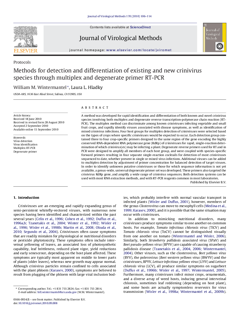 Methods for detection and differentiation of existing and new crinivirus species through multiplex and degenerate primer RT-PCR