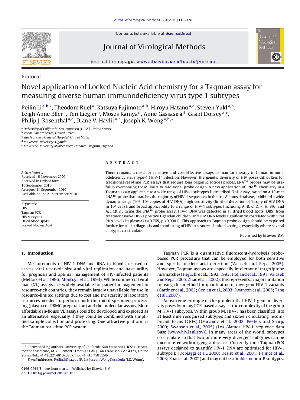 Novel application of Locked Nucleic Acid chemistry for a Taqman assay for measuring diverse human immunodeficiency virus type 1 subtypes