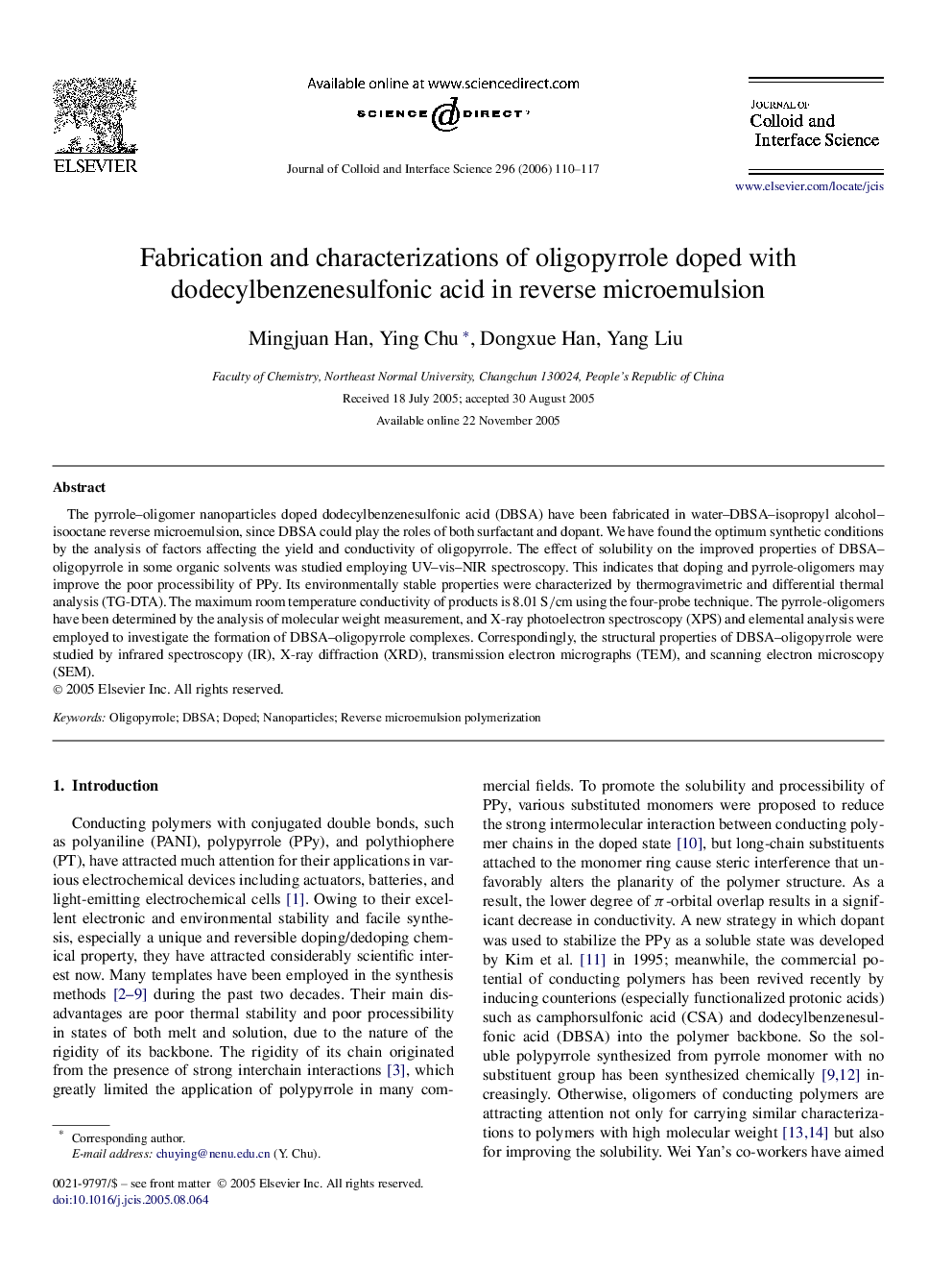 Fabrication and characterizations of oligopyrrole doped with dodecylbenzenesulfonic acid in reverse microemulsion