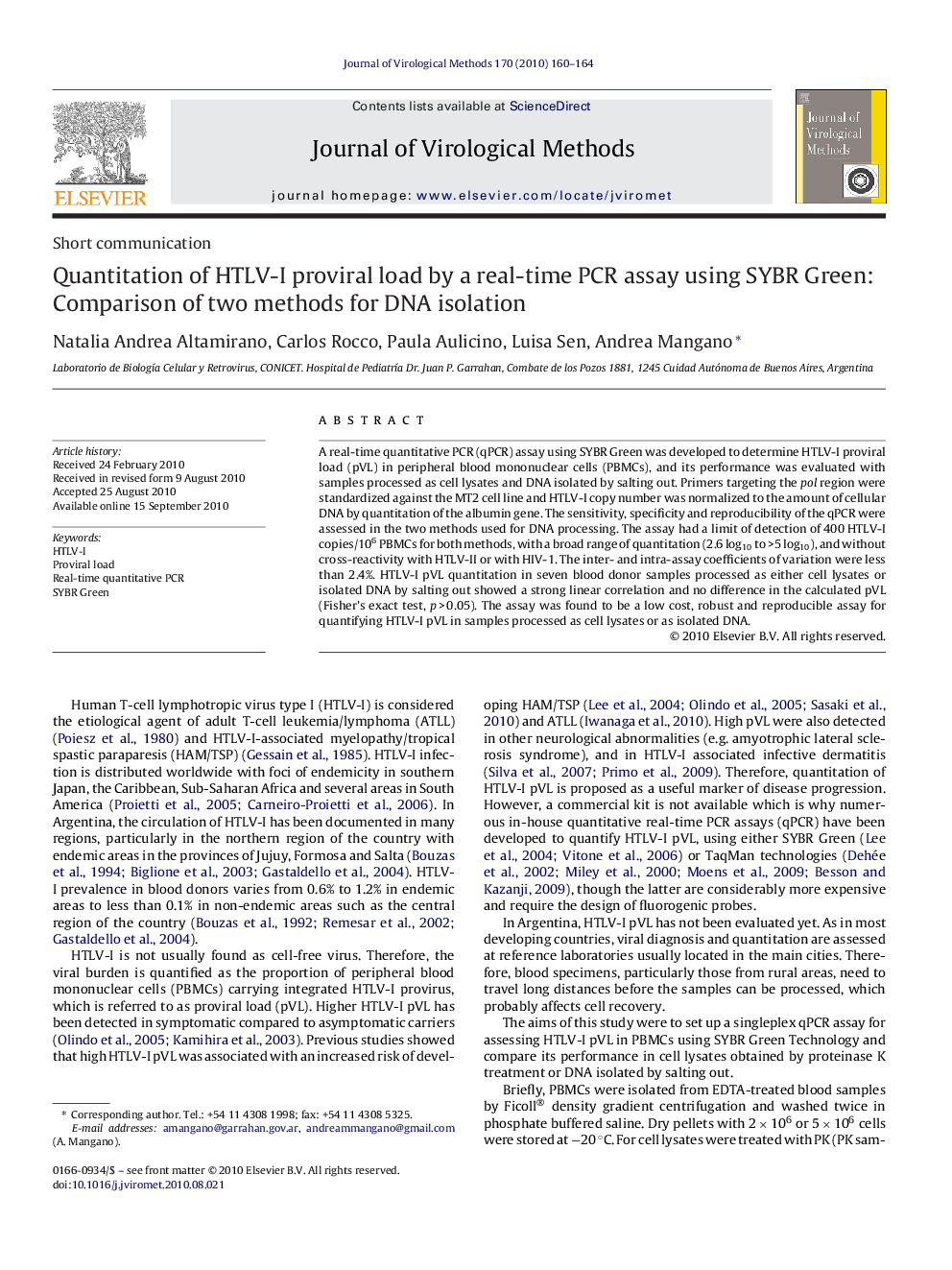 Quantitation of HTLV-I proviral load by a real-time PCR assay using SYBR Green: Comparison of two methods for DNA isolation