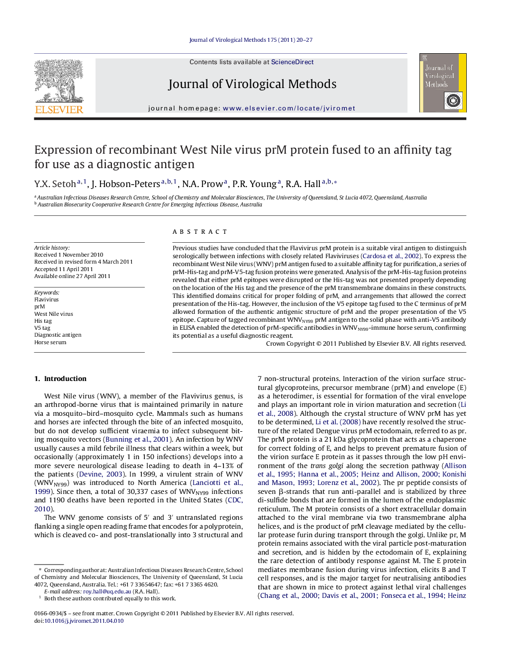 Expression of recombinant West Nile virus prM protein fused to an affinity tag for use as a diagnostic antigen