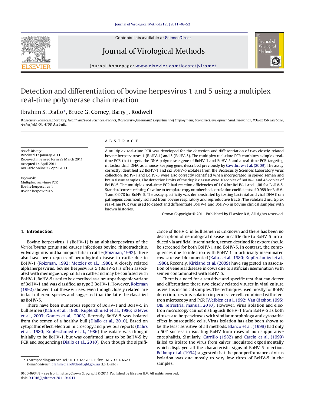 Detection and differentiation of bovine herpesvirus 1 and 5 using a multiplex real-time polymerase chain reaction