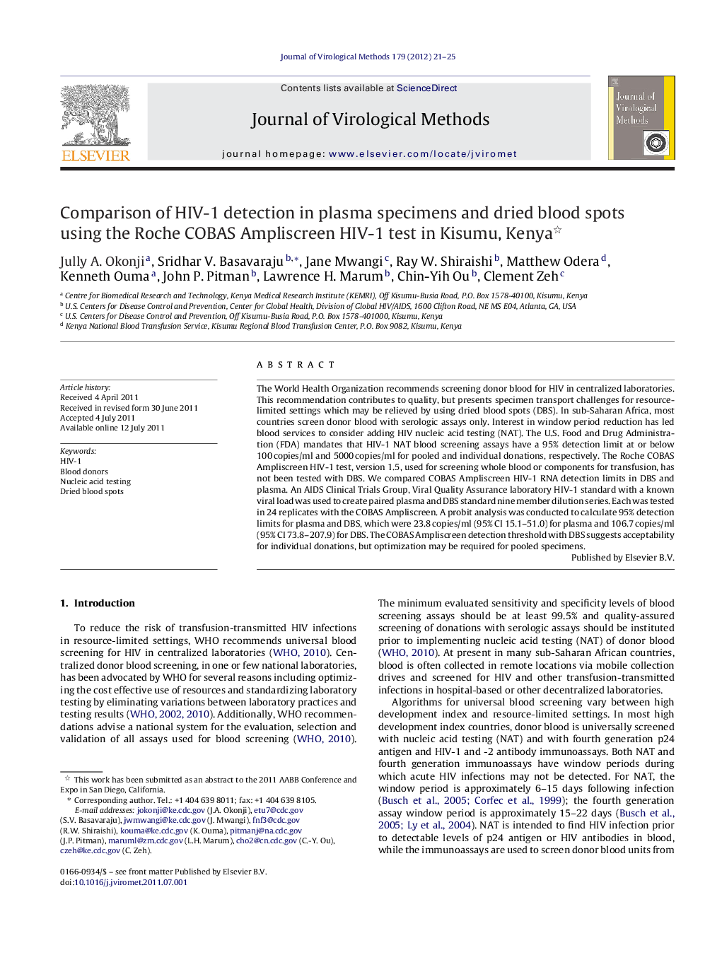 Comparison of HIV-1 detection in plasma specimens and dried blood spots using the Roche COBAS Ampliscreen HIV-1 test in Kisumu, Kenya