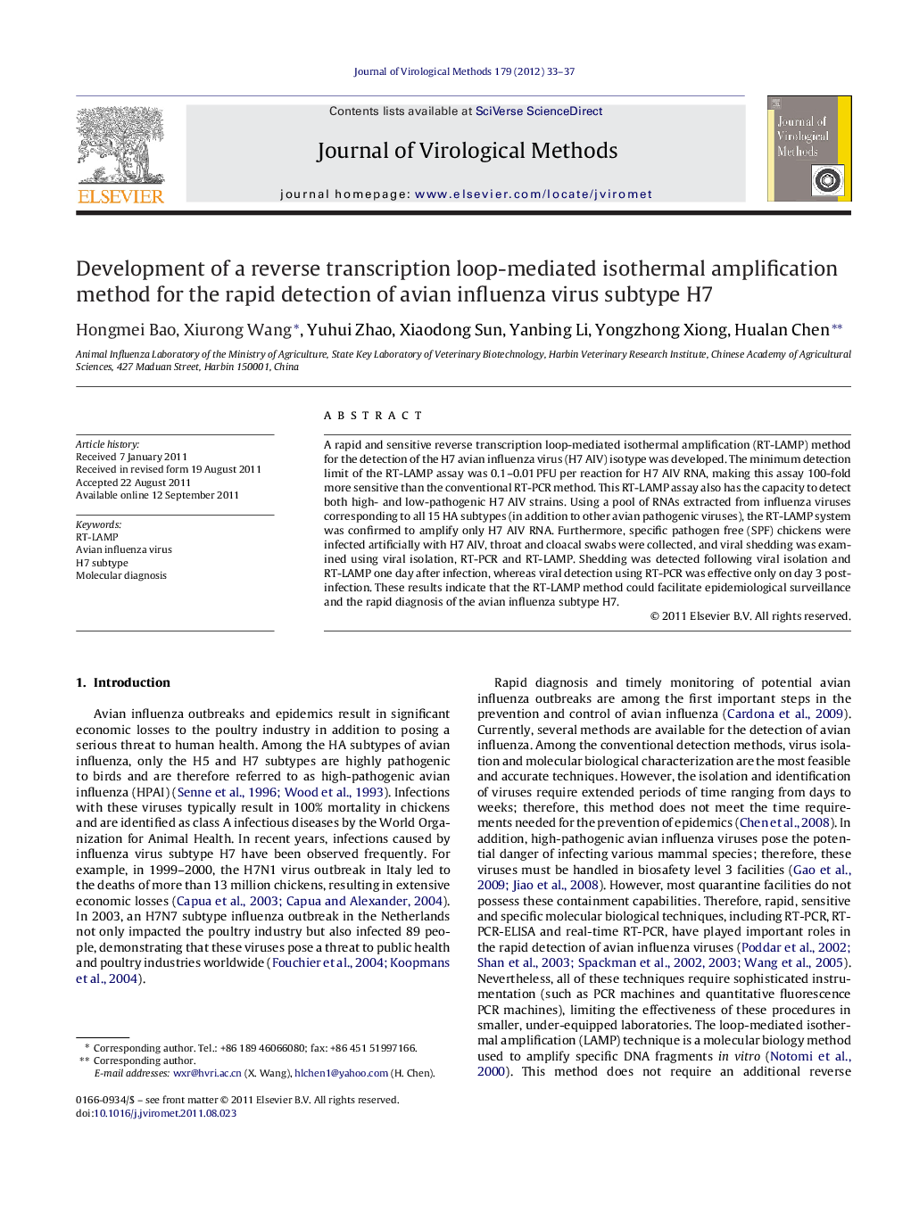 Development of a reverse transcription loop-mediated isothermal amplification method for the rapid detection of avian influenza virus subtype H7