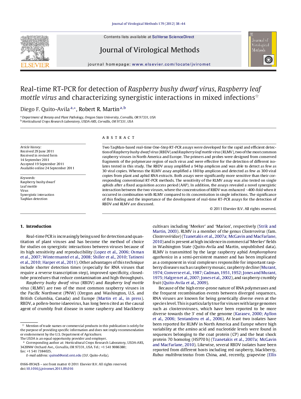 Real-time RT-PCR for detection of Raspberry bushy dwarf virus, Raspberry leaf mottle virus and characterizing synergistic interactions in mixed infections