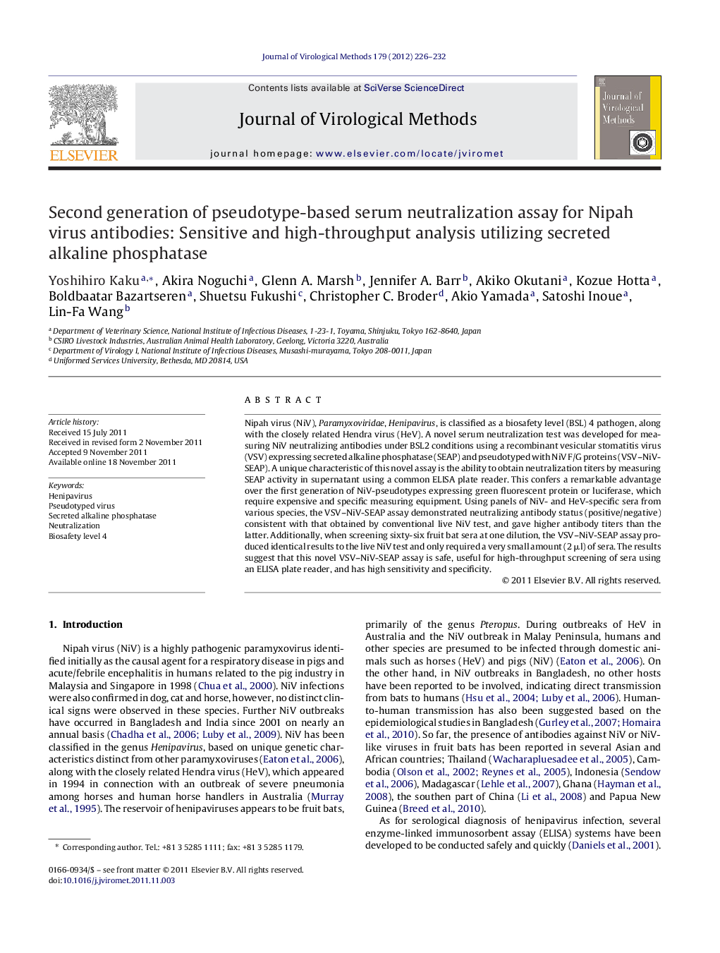 Second generation of pseudotype-based serum neutralization assay for Nipah virus antibodies: Sensitive and high-throughput analysis utilizing secreted alkaline phosphatase