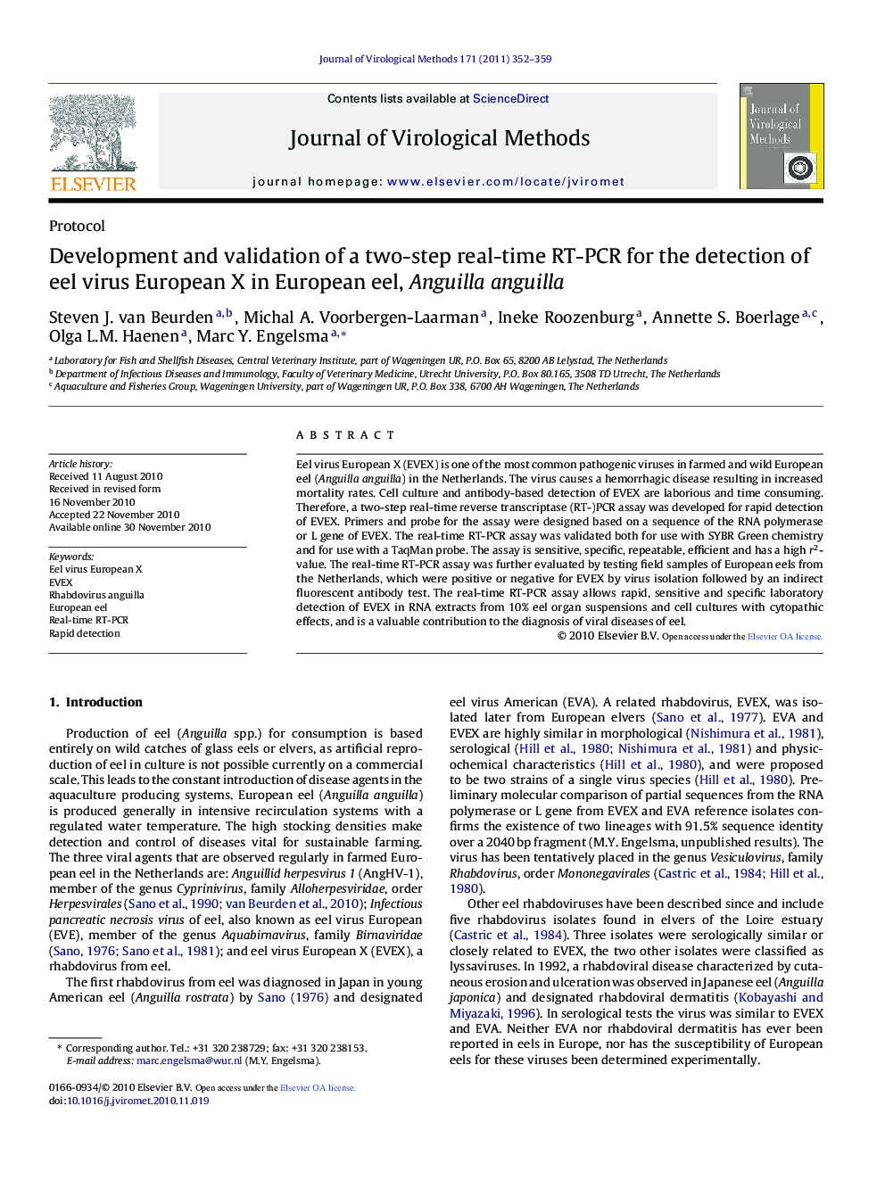 Development and validation of a two-step real-time RT-PCR for the detection of eel virus European X in European eel, Anguilla anguilla