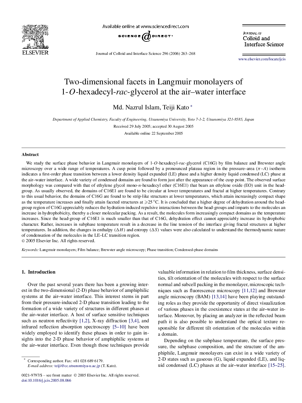 Two-dimensional facets in Langmuir monolayers of 1-O-hexadecyl-rac-glycerol at the air–water interface