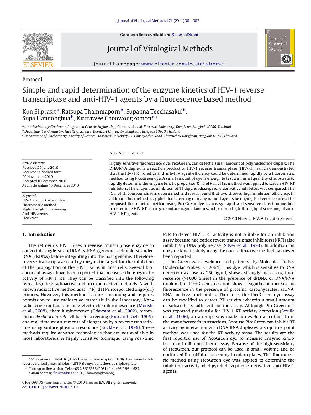 Simple and rapid determination of the enzyme kinetics of HIV-1 reverse transcriptase and anti-HIV-1 agents by a fluorescence based method