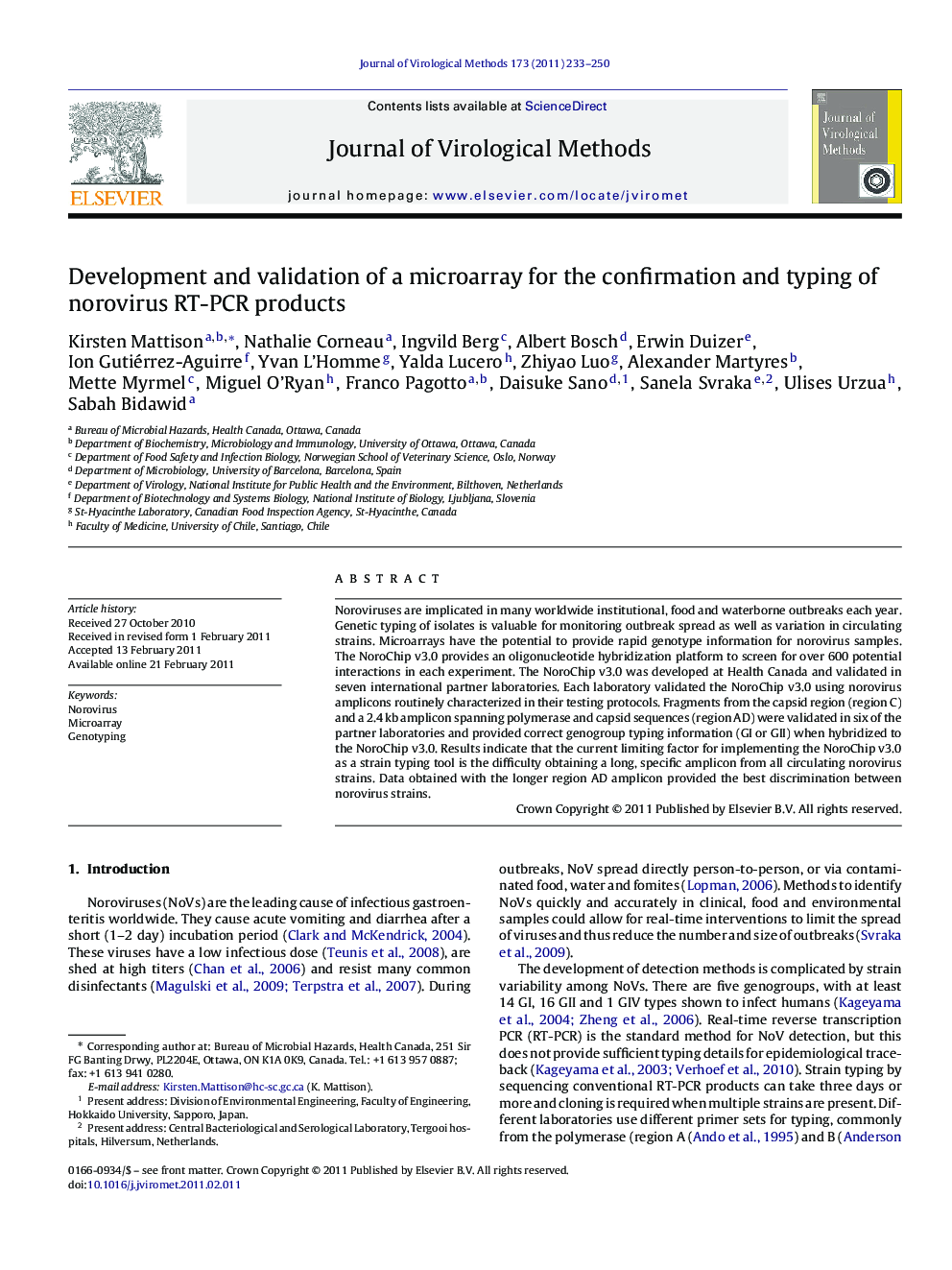 Development and validation of a microarray for the confirmation and typing of norovirus RT-PCR products