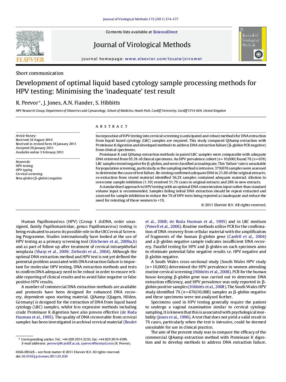 Development of optimal liquid based cytology sample processing methods for HPV testing: Minimising the 'inadequate' test result