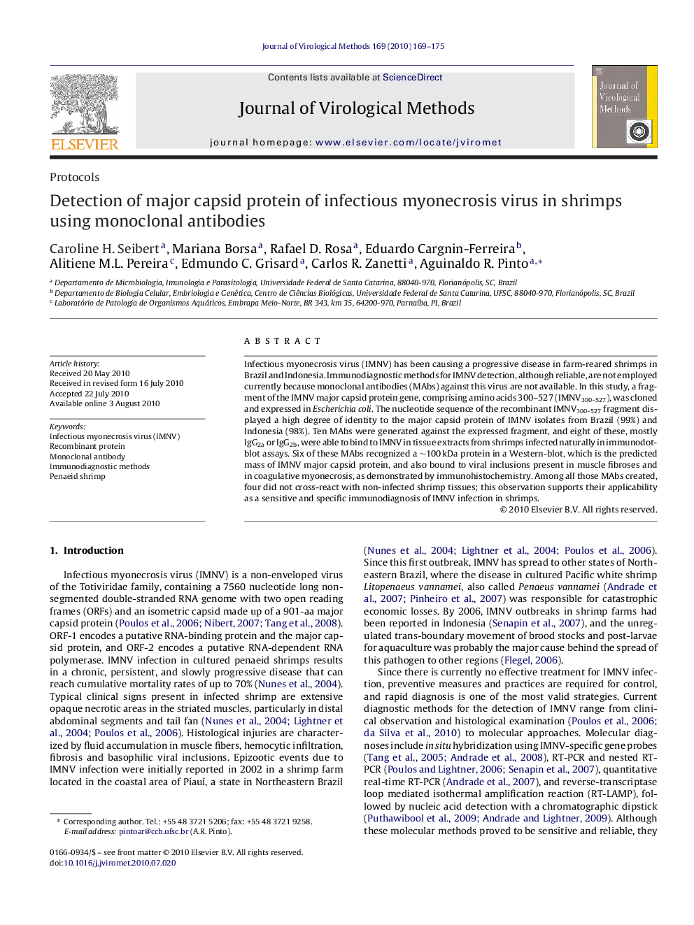 Detection of major capsid protein of infectious myonecrosis virus in shrimps using monoclonal antibodies