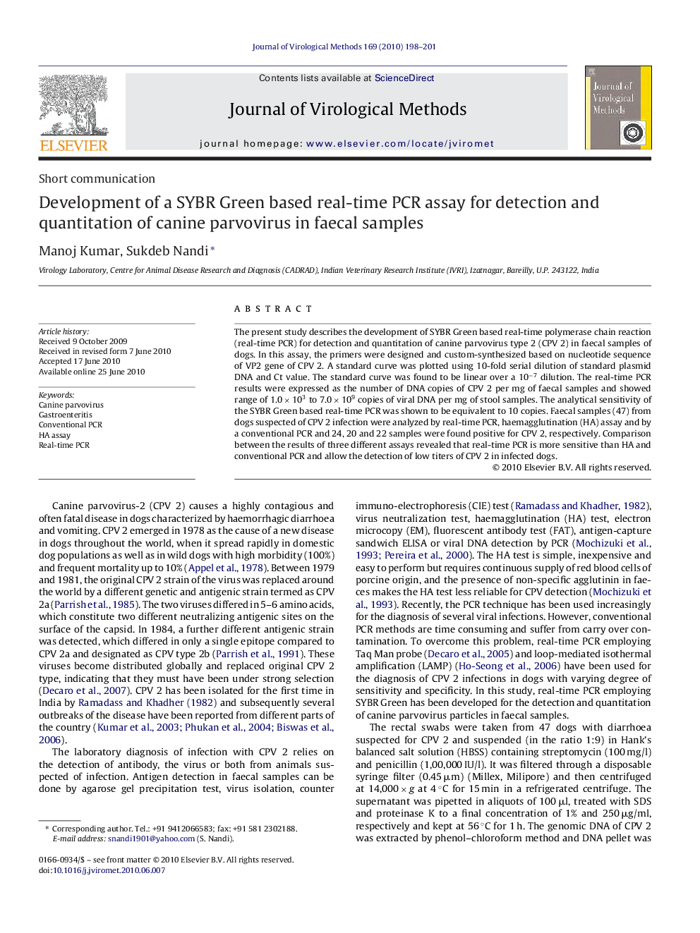 Development of a SYBR Green based real-time PCR assay for detection and quantitation of canine parvovirus in faecal samples