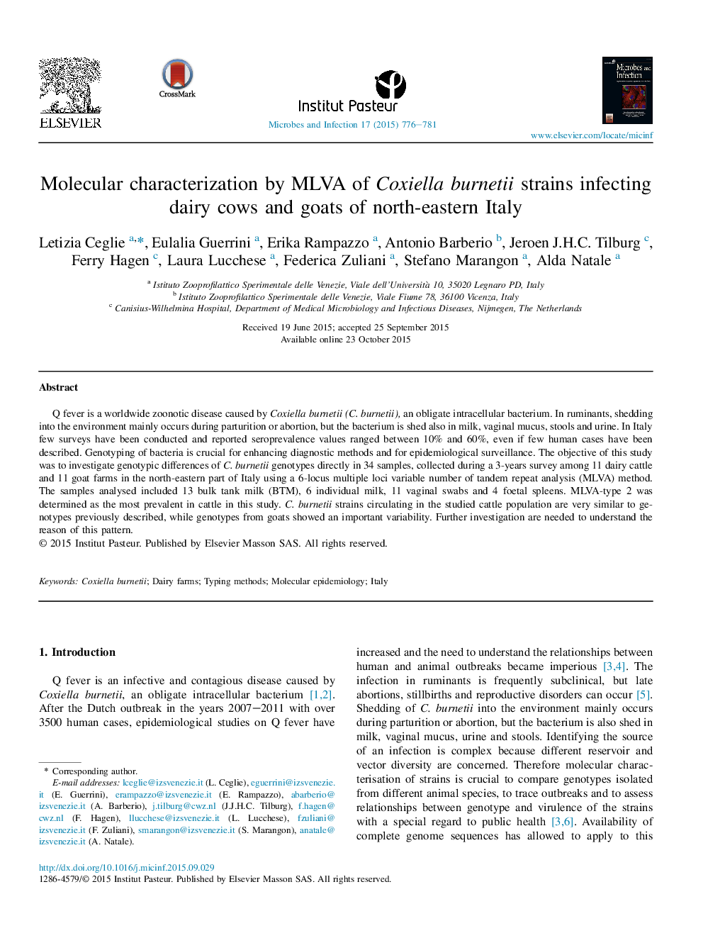 Molecular characterization by MLVA of Coxiella burnetii strains infecting dairy cows and goats of north-eastern Italy