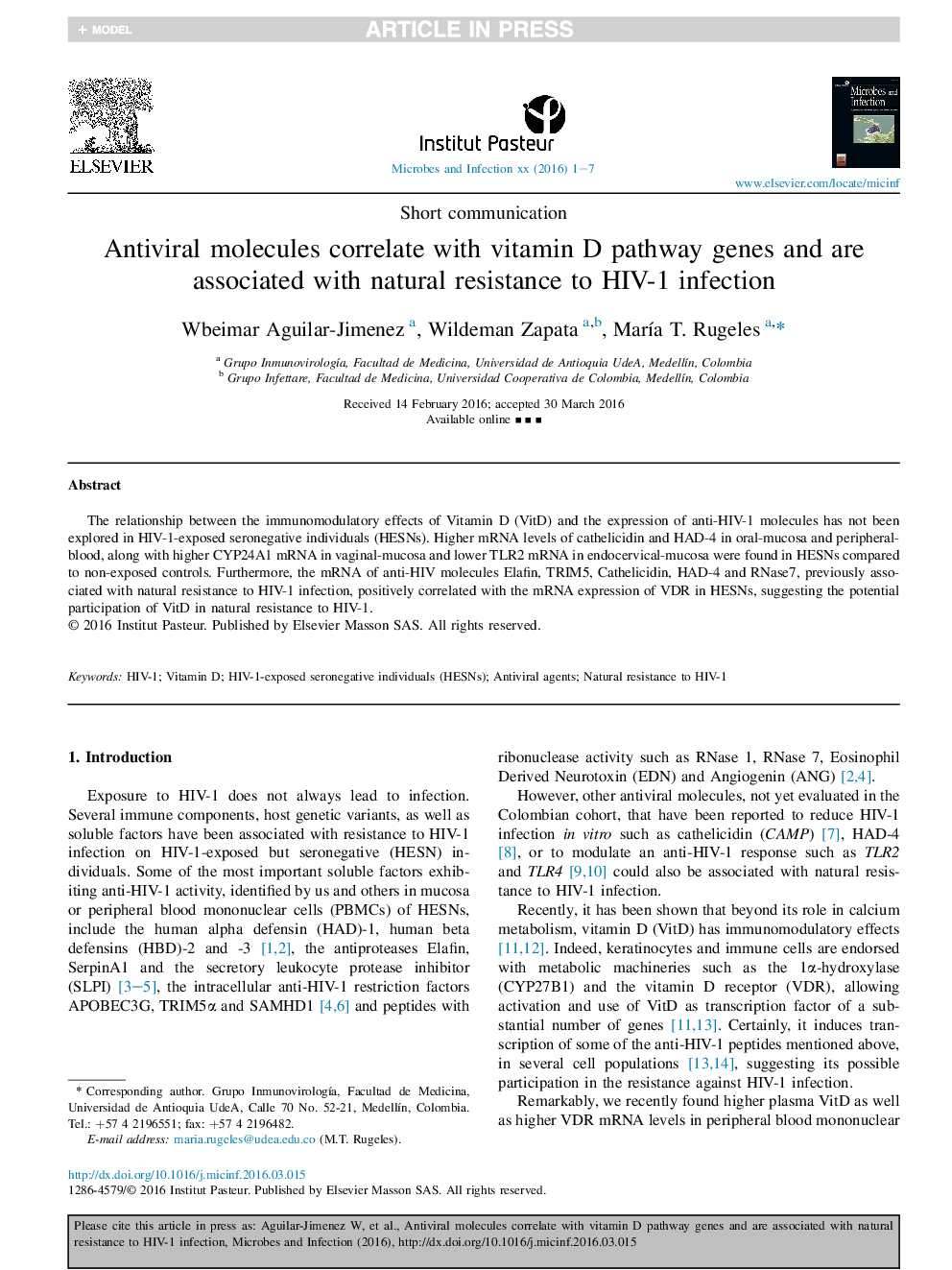 Antiviral molecules correlate with vitamin D pathway genes and are associated with natural resistance to HIV-1 infection