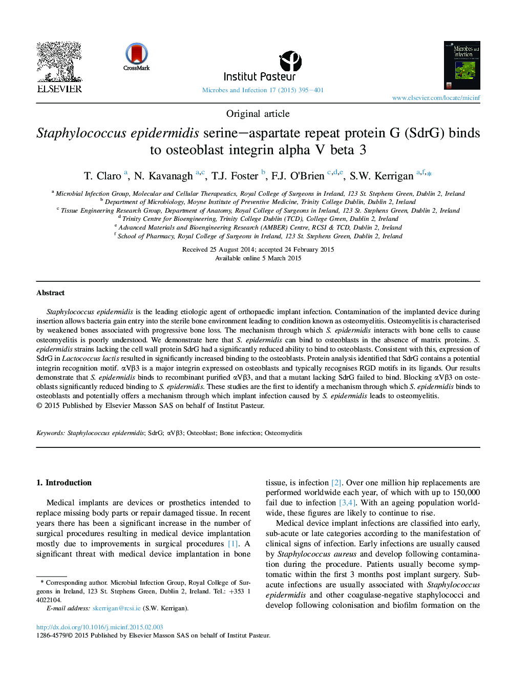 Staphylococcus epidermidis serine-aspartate repeat protein G (SdrG) binds to osteoblast integrin alpha V beta 3