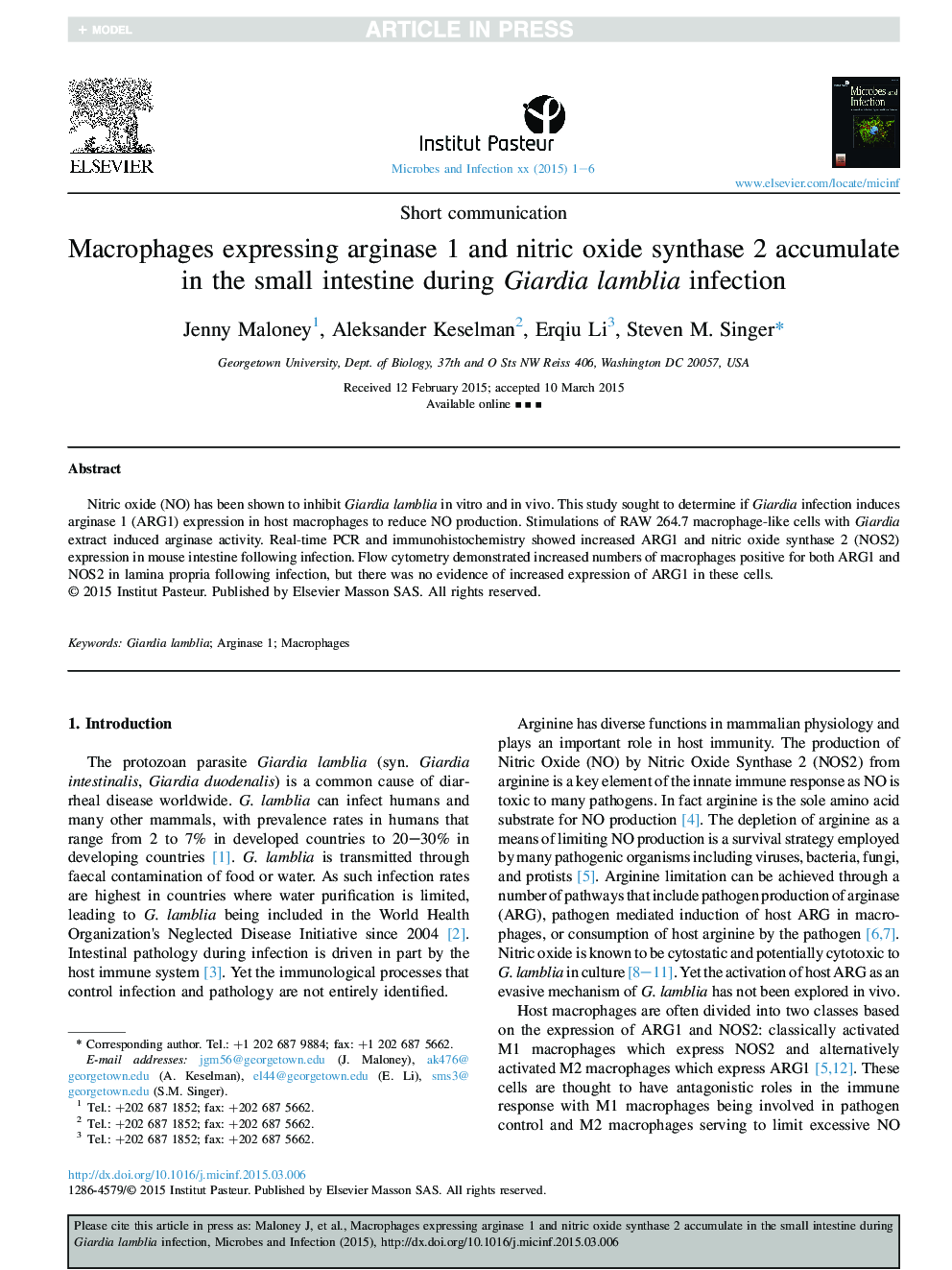 Macrophages expressing arginase 1 and nitric oxide synthase 2 accumulate in the small intestine during Giardia lamblia infection