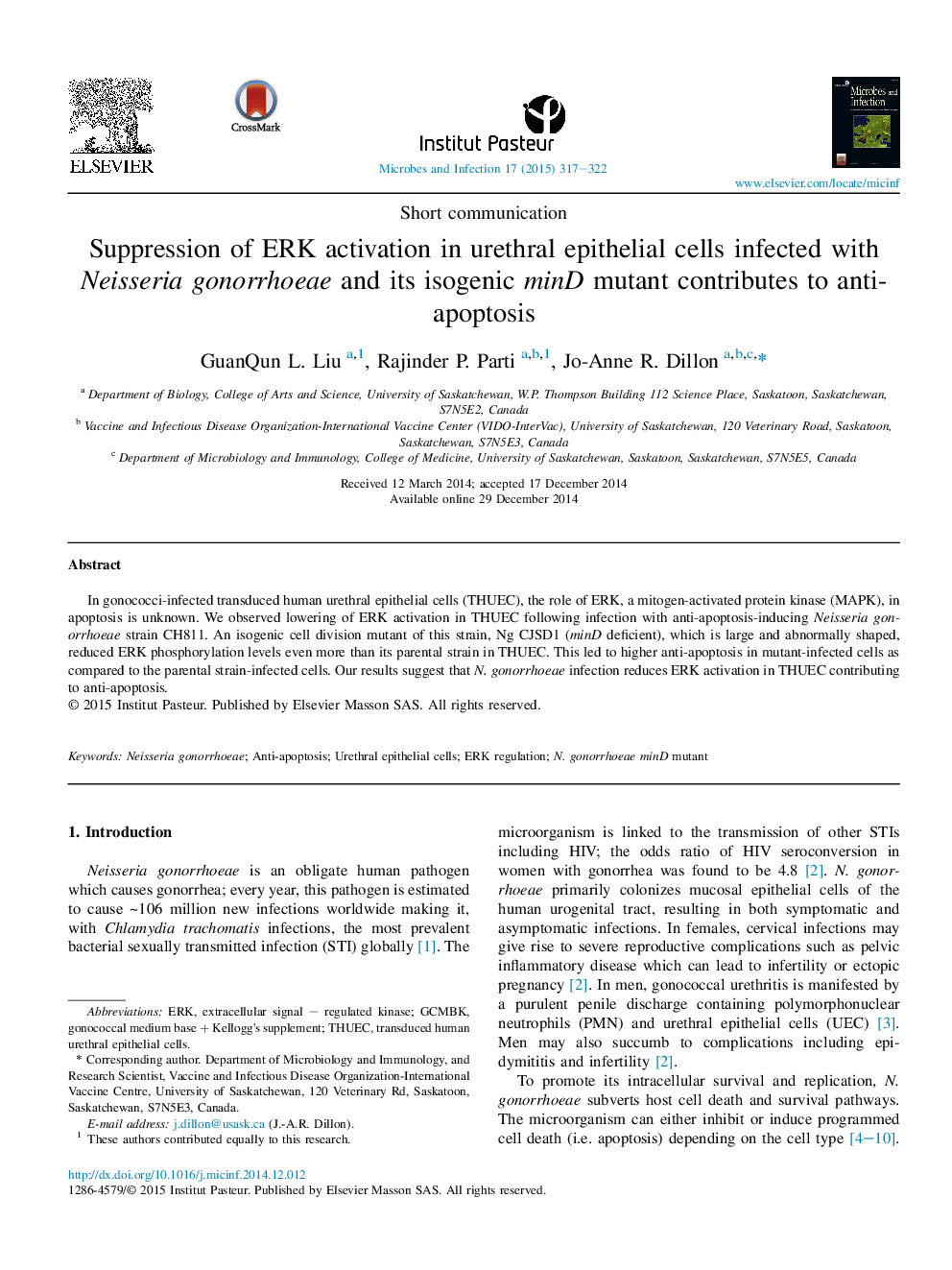 Suppression of ERK activation in urethral epithelial cells infected with Neisseria gonorrhoeae and its isogenic minD mutant contributes to anti-apoptosis