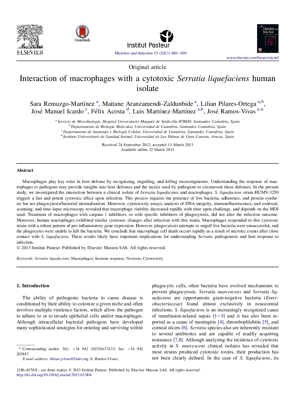 Interaction of macrophages with a cytotoxic Serratia liquefaciens human isolate