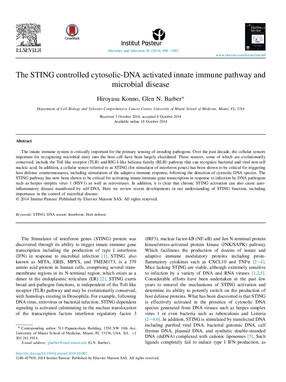 The STING controlled cytosolic-DNA activated innate immune pathway and microbial disease