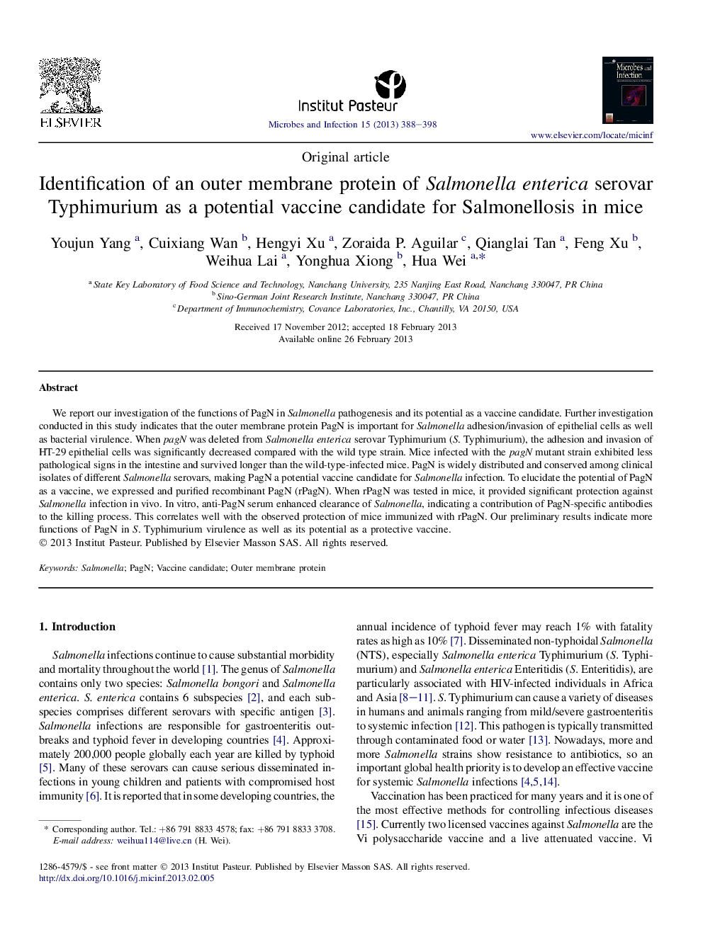 Identification of an outer membrane protein of Salmonella enterica serovar Typhimurium as a potential vaccine candidate for Salmonellosis in mice