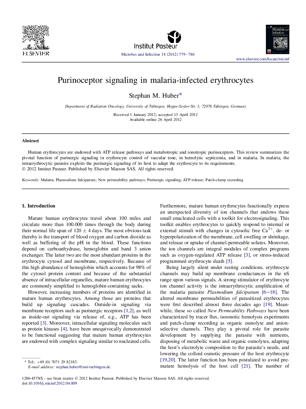 Purinoceptor signaling in malaria-infected erythrocytes