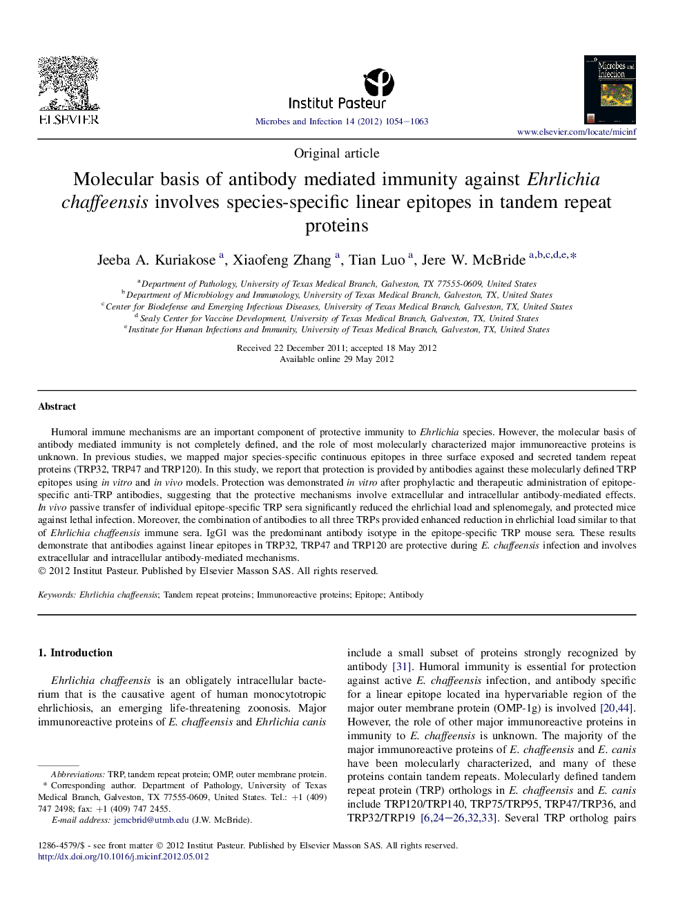 Molecular basis of antibody mediated immunity against Ehrlichia chaffeensis involves species-specific linear epitopes in tandem repeat proteins