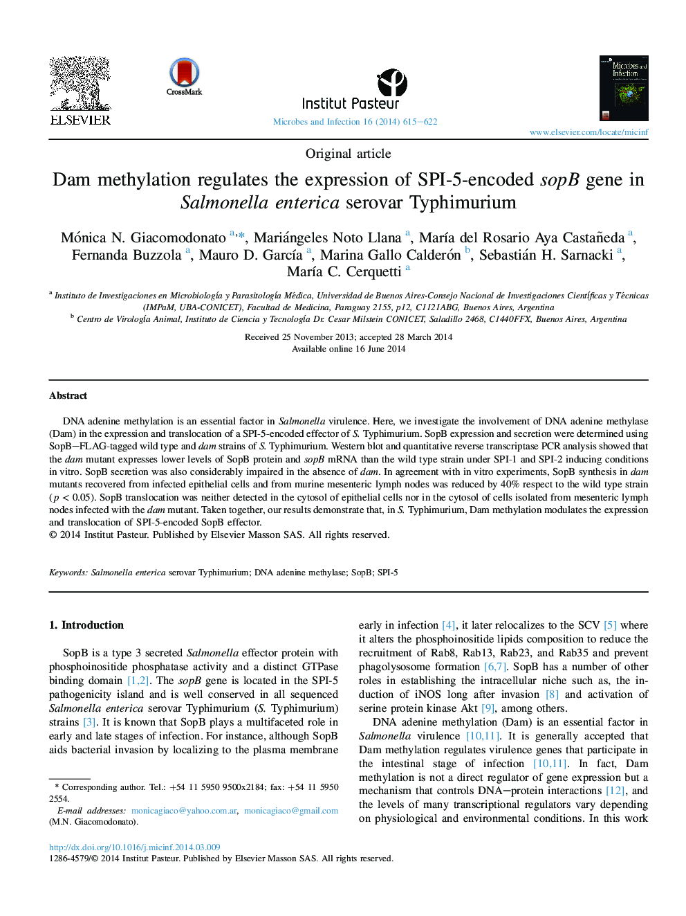 Original articleDam methylation regulates the expression of SPI-5-encoded sopB gene in Salmonella enterica serovar Typhimurium