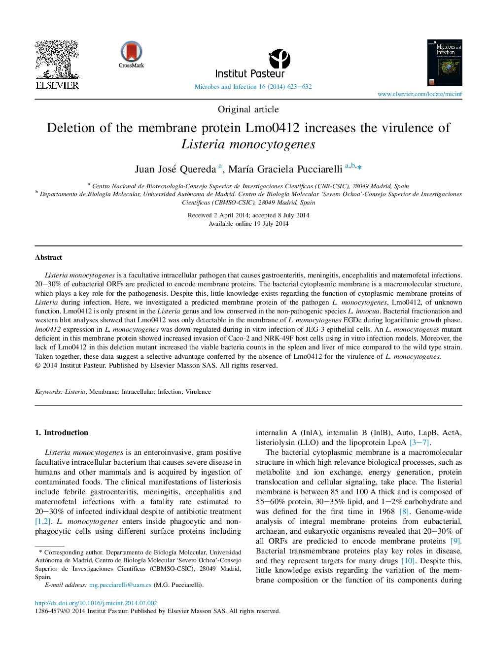 Deletion of the membrane protein Lmo0412 increases the virulence of Listeria monocytogenes