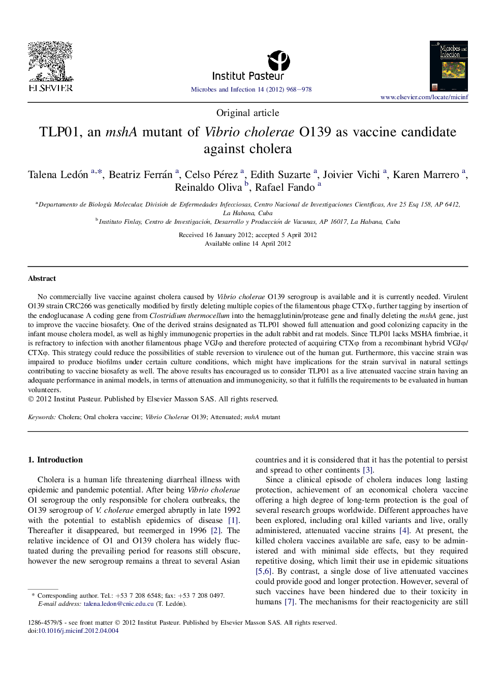 TLP01, an mshA mutant of Vibrio cholerae O139 as vaccine candidate against cholera