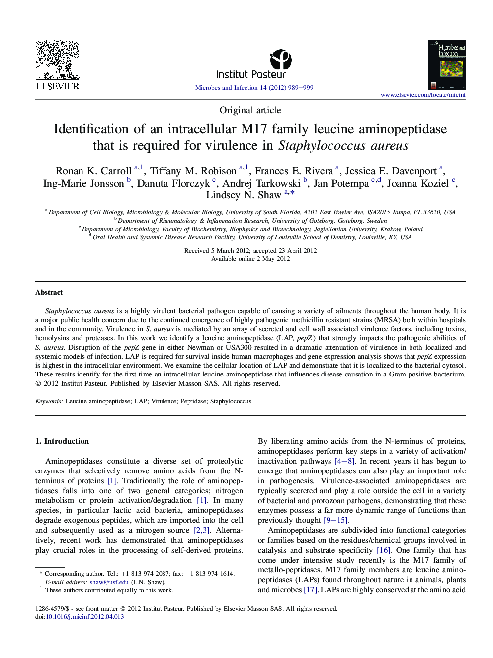 Identification of an intracellular M17 family leucine aminopeptidase thatÂ isÂ required for virulence in Staphylococcus aureus