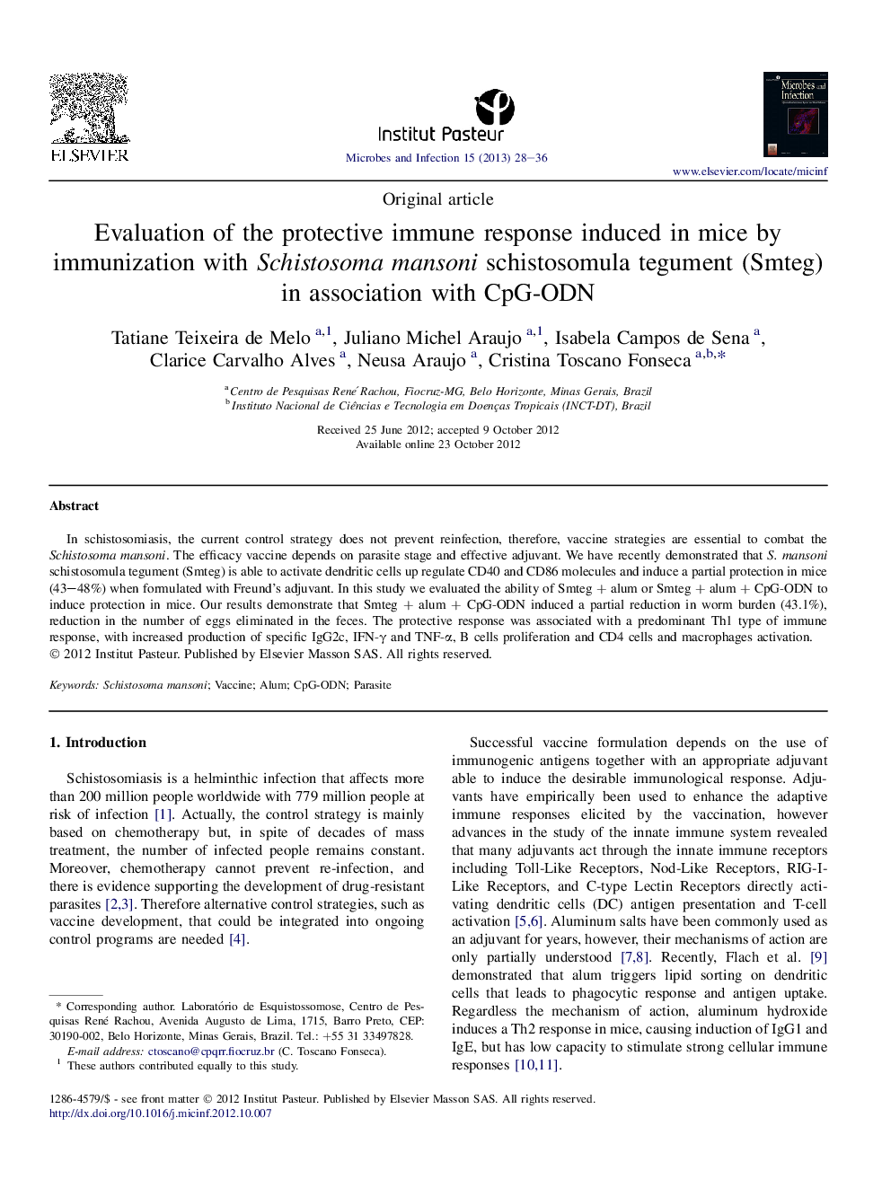 Original articleEvaluation of the protective immune response induced in mice by immunization with Schistosoma mansoni schistosomula tegument (Smteg) in association with CpG-ODN