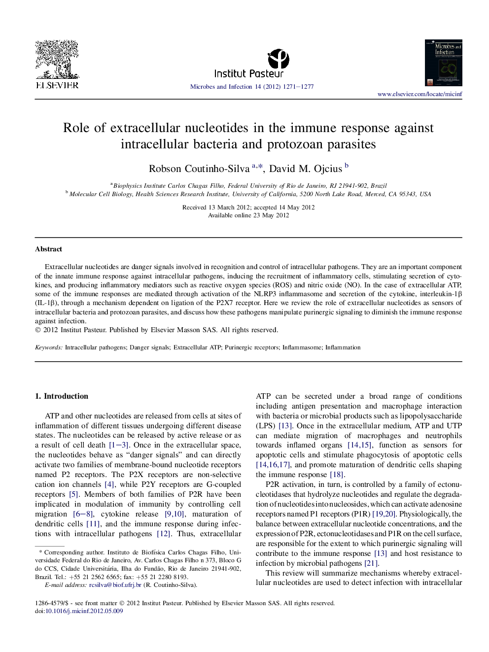 Role of extracellular nucleotides in the immune response against intracellular bacteria and protozoan parasites