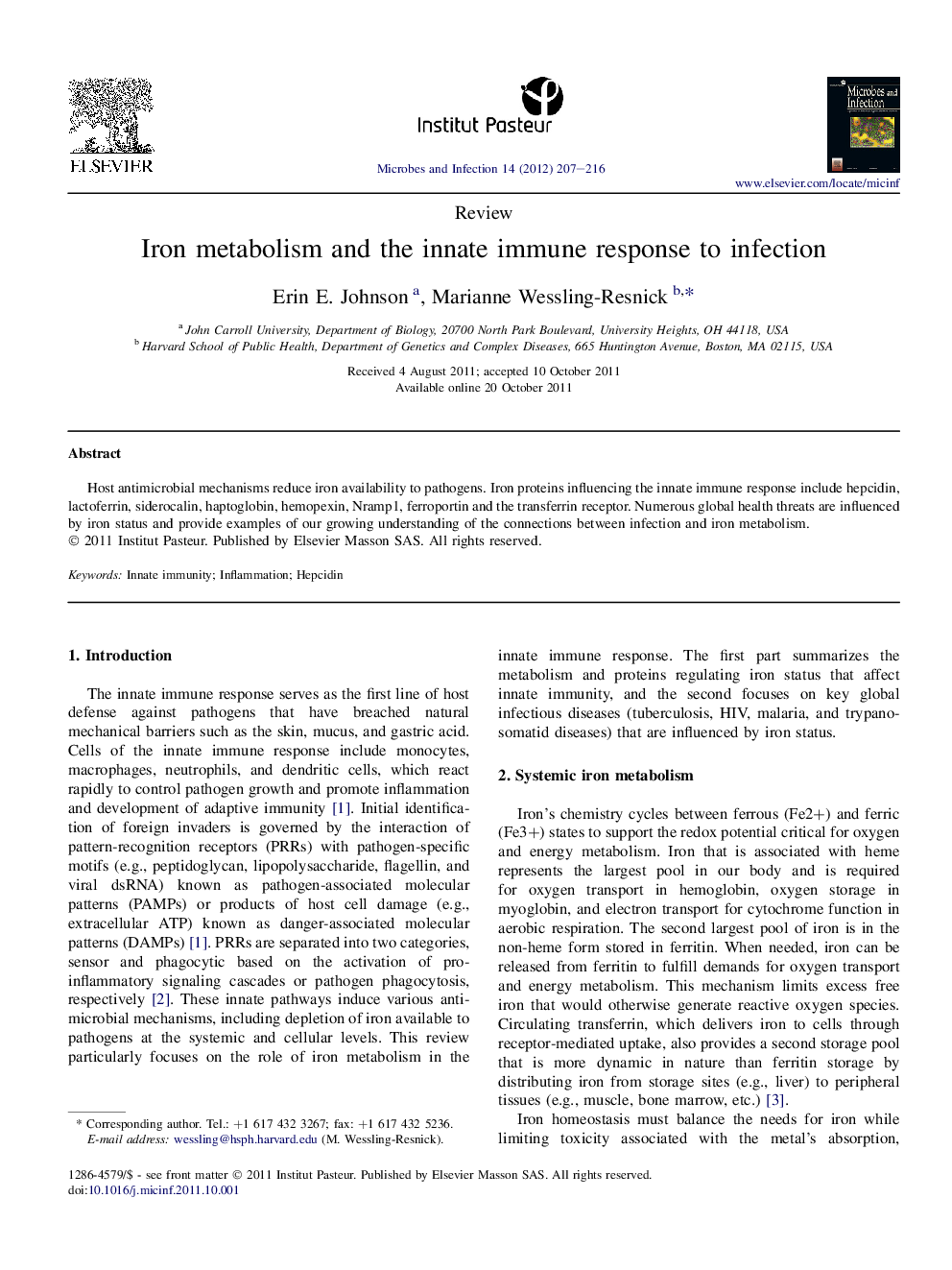 Iron metabolism and the innate immune response to infection