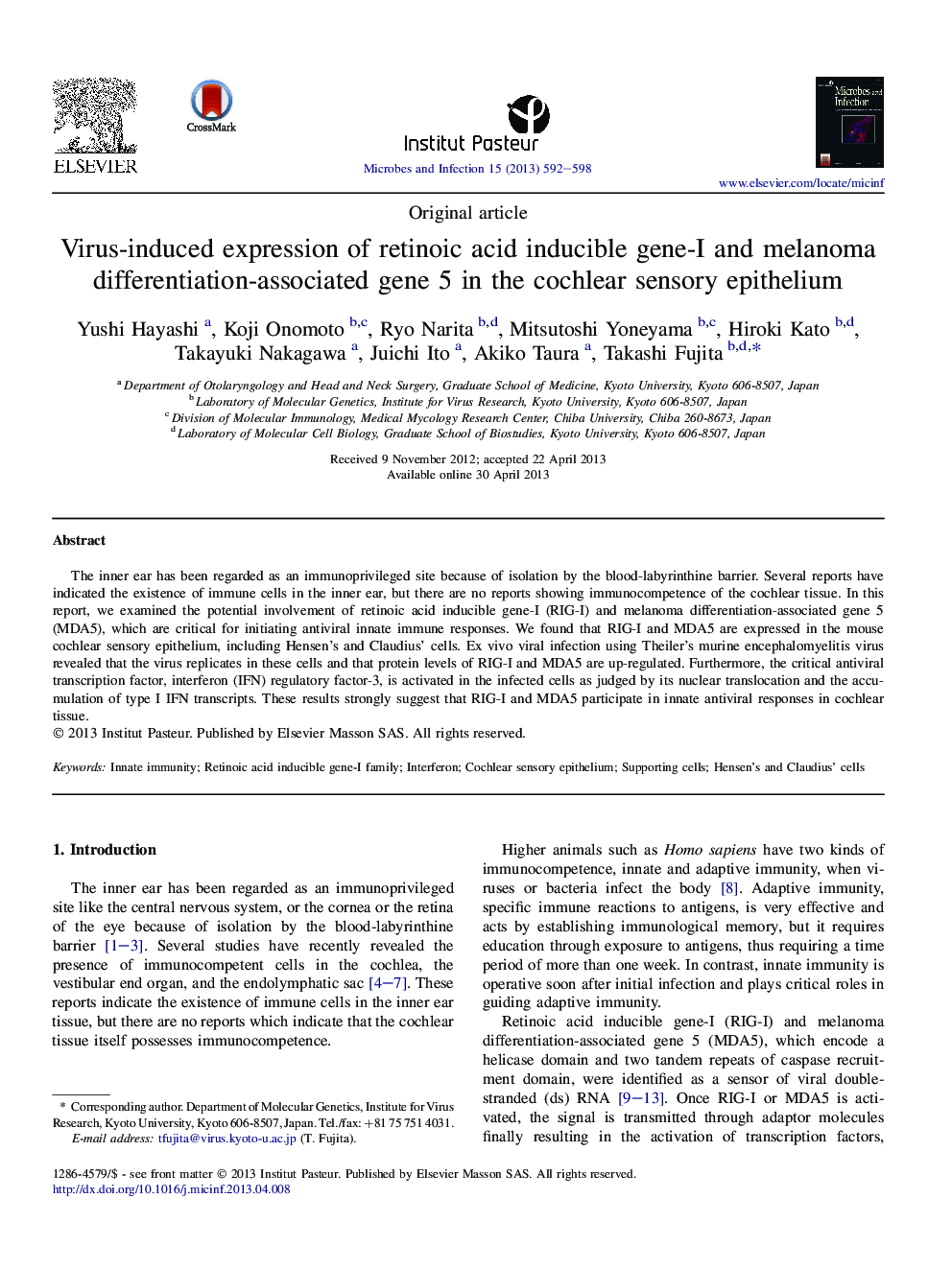 Virus-induced expression of retinoic acid inducible gene-I and melanoma differentiation-associated gene 5 in the cochlear sensory epithelium