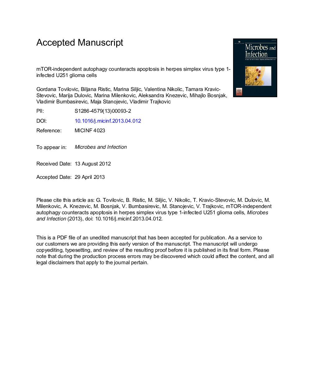 عکس صفحه اول مقاله: mTOR-independent autophagy counteracts apoptosis in herpes simplex virus type 1-infected U251 glioma cells mTOR-independent autophagy counteracts apoptosis in herpes simplex virus type 1-infected U251 glioma cells