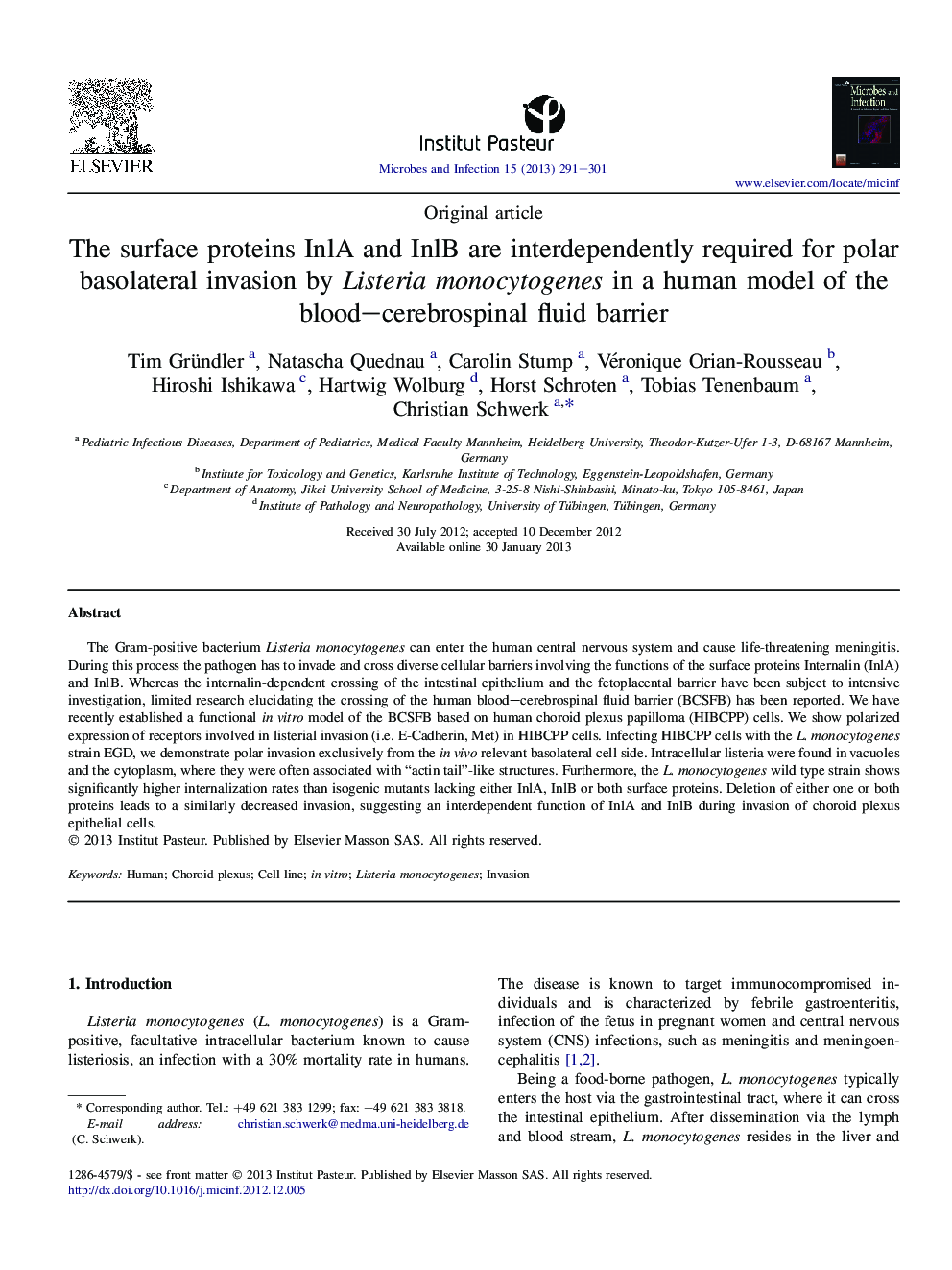 The surface proteins InlA and InlB are interdependently required for polar basolateral invasion by Listeria monocytogenes in a human model of the blood-cerebrospinal fluid barrier