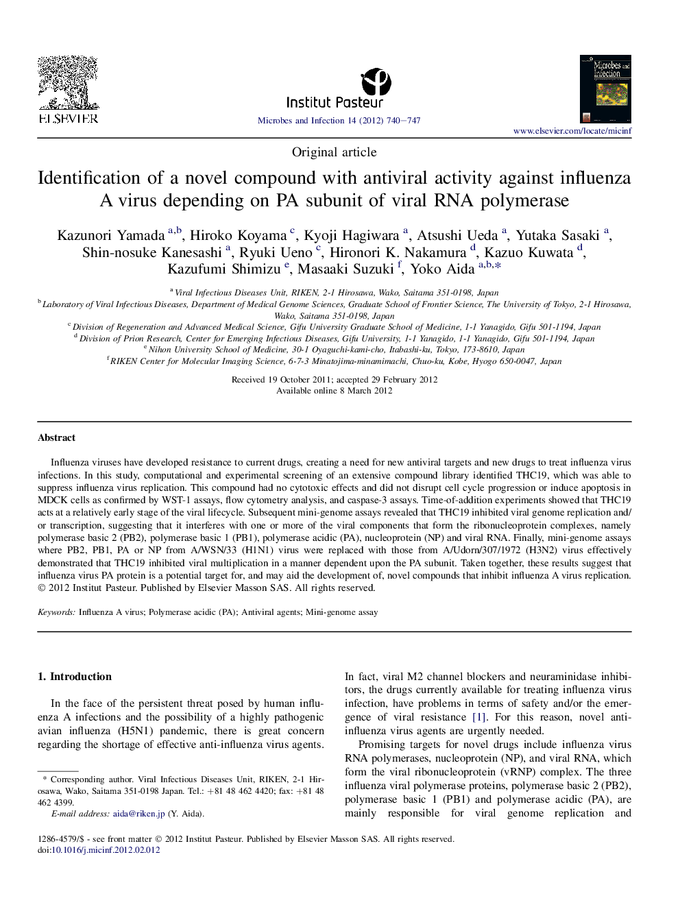 Identification of a novel compound with antiviral activity against influenza A virus depending on PA subunit of viral RNA polymerase