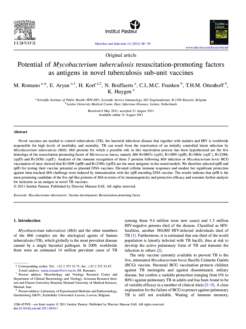 Potential of Mycobacterium tuberculosis resuscitation-promoting factors as antigens in novel tuberculosis sub-unit vaccines