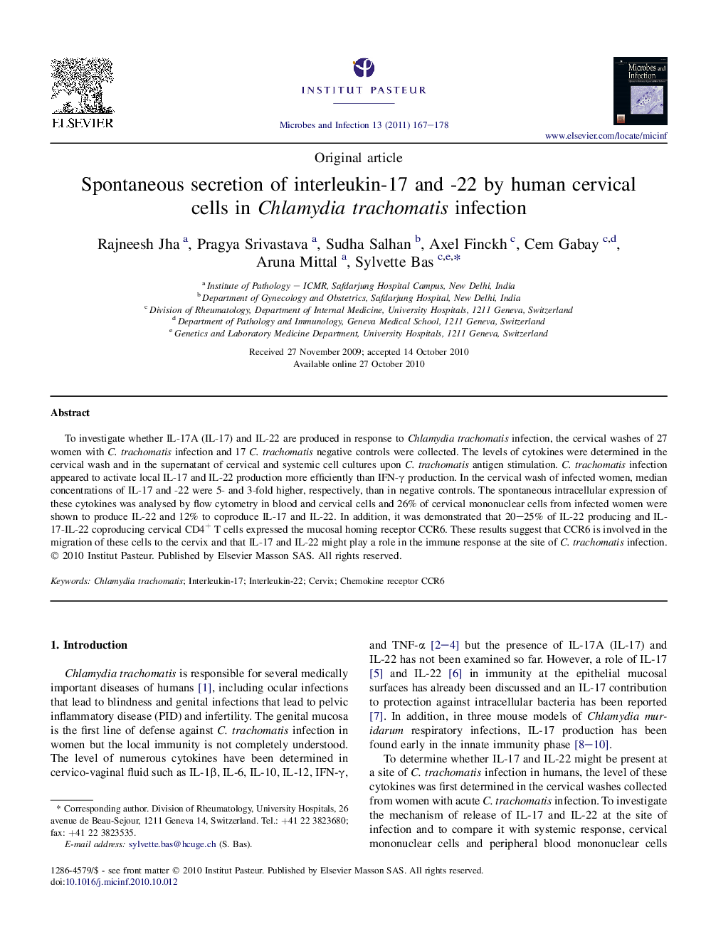 Spontaneous secretion of interleukin-17 and -22 by human cervical cells in Chlamydia trachomatis infection