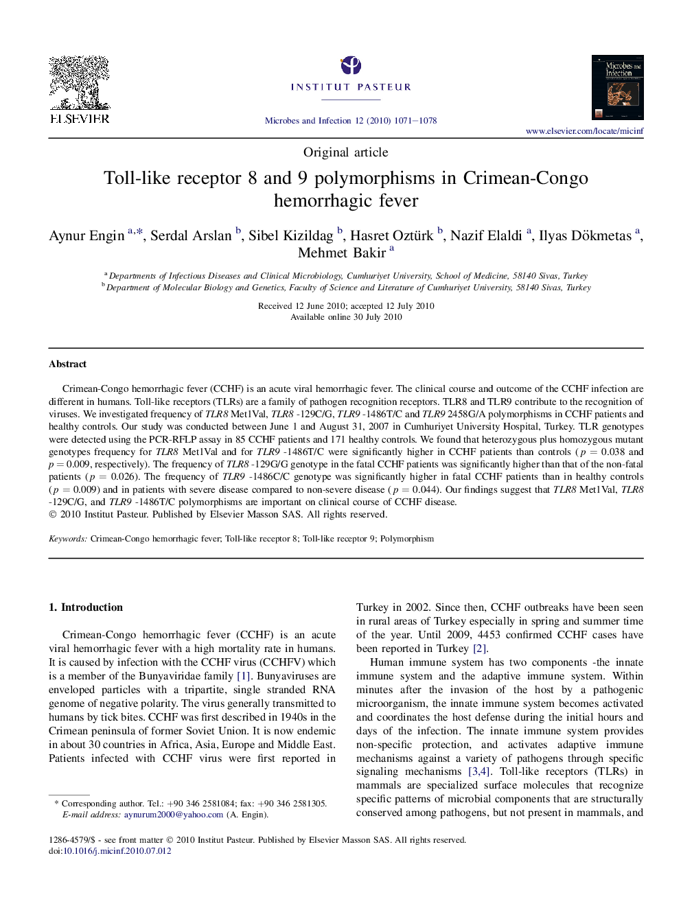 Toll-like receptor 8 and 9 polymorphisms in Crimean-Congo hemorrhagic fever